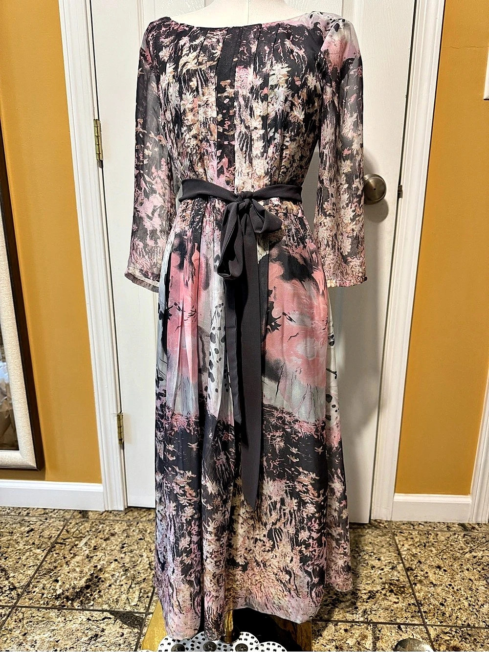 Yaly Couture Custom 100% Silk Chiffon  Bespoke Watercolor Floral Midi dress Smal